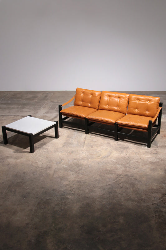 Vintage Leather Three-Seater Sofa with Coffee Table