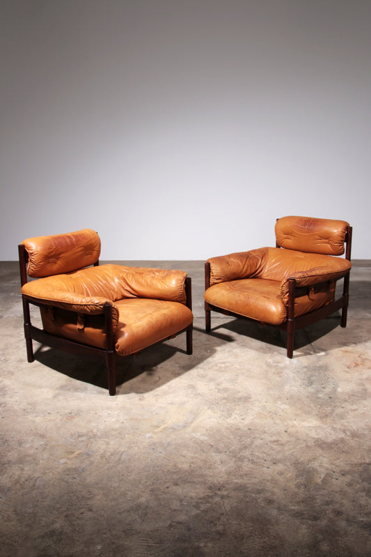 Brutalist Leather Armchairs from Brazil with Wooden Base (1970s)