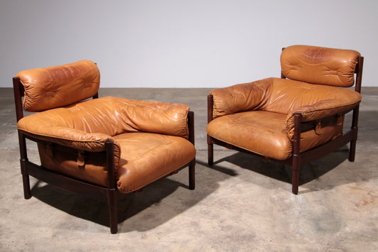 Brutalist Leather Armchairs from Brazil with Wooden Base (1970s)