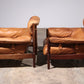 Brutalist Leather Armchairs from Brazil with Wooden Base (1970s)