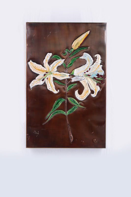 Copper Wall Decoration with Enamel Lilies 1960s