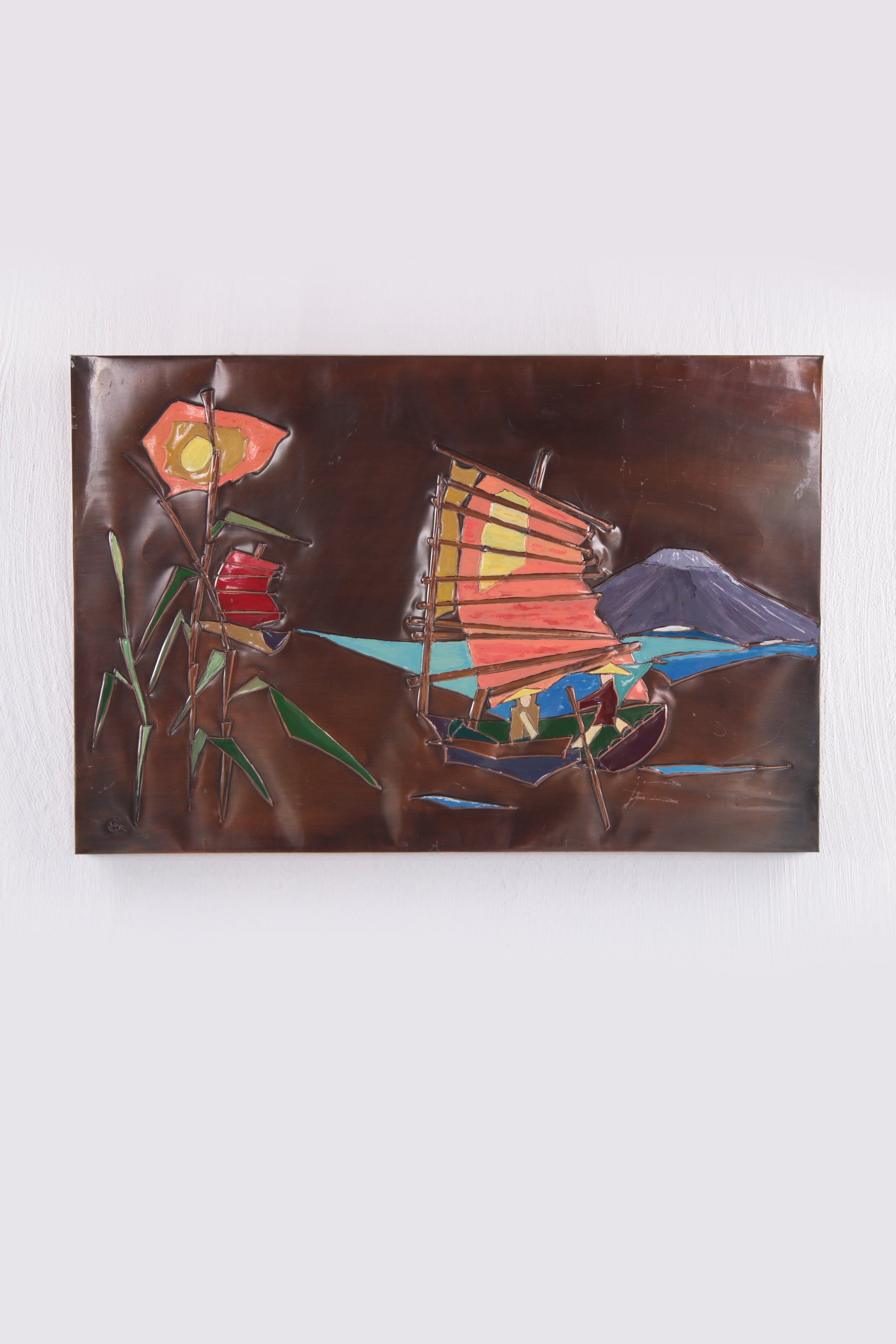Copper Wall Decoration with Enamel Boats 1960s