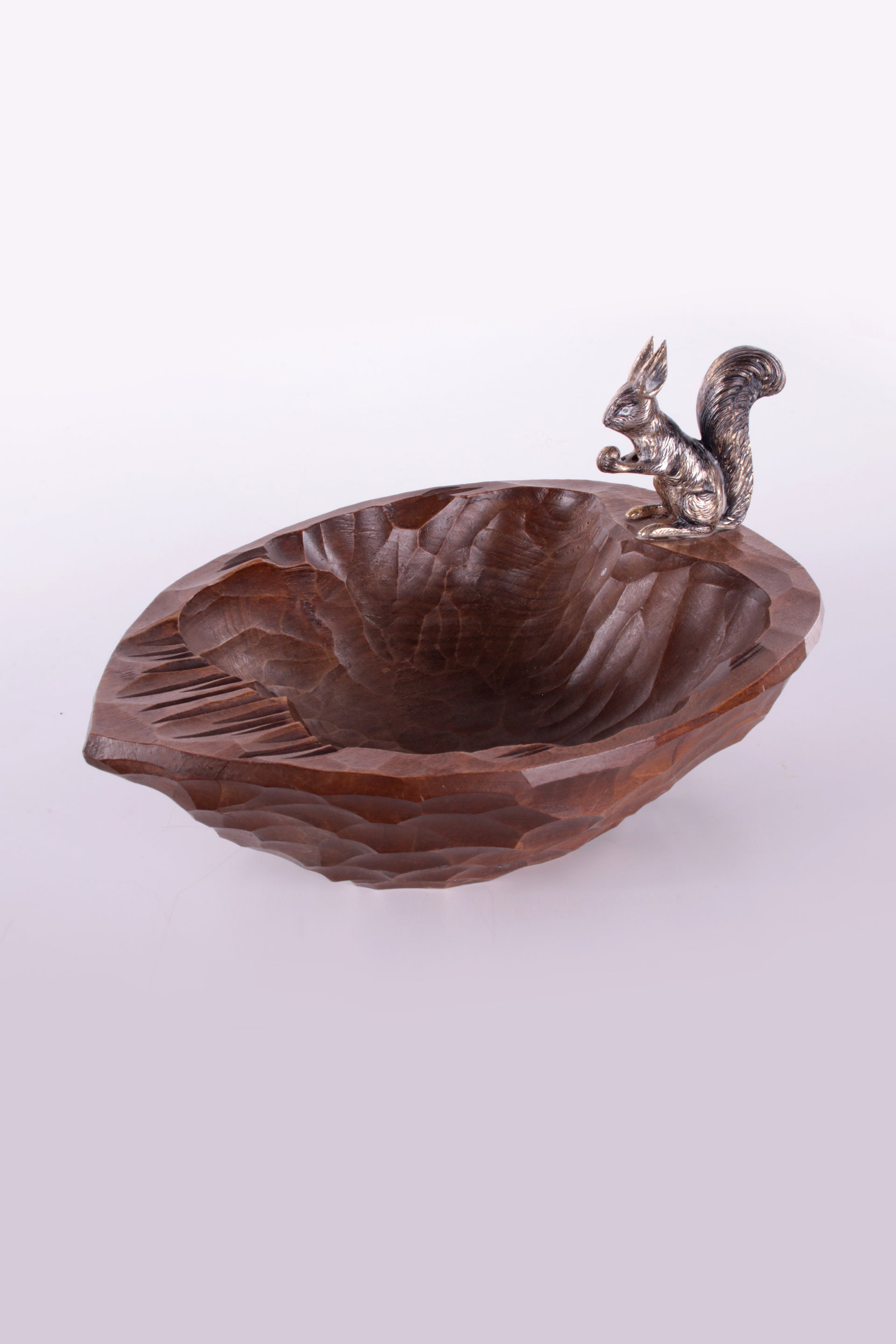 Walnut Wood Bowl with Solid Silver 835 Squirrel Figure