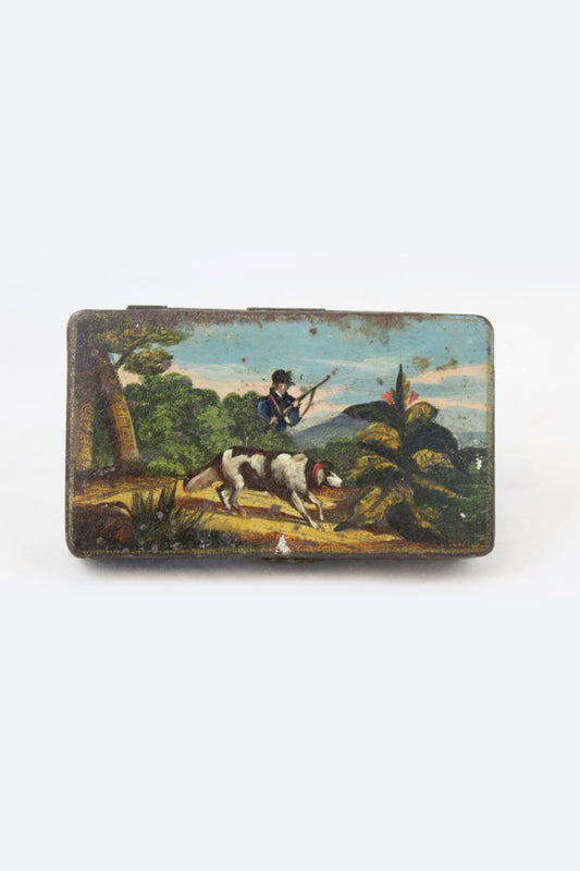 Antique tobacco box painted with hunting scene 1853