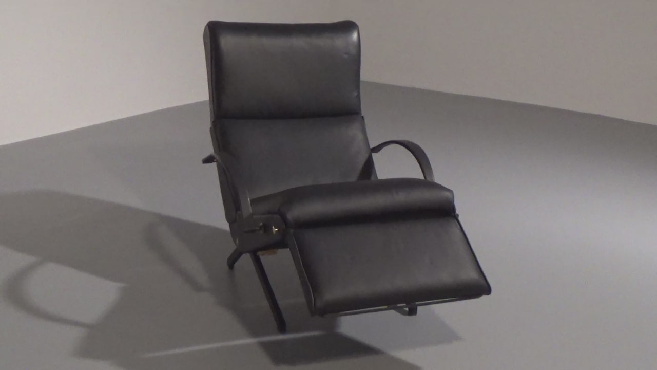 Italian Black Leather Adjustable P40 Relax Chair by Osvaldo Borsani Tecno.
