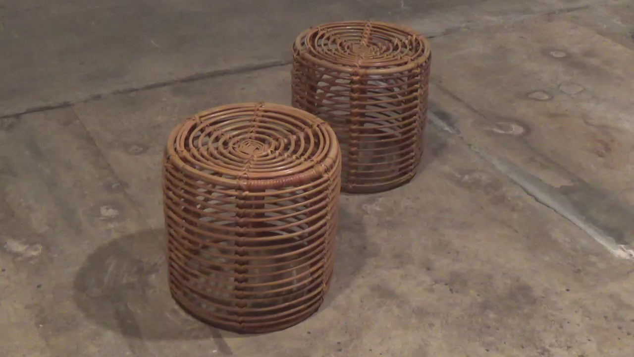 Midcentury Rattan and Wicker Round Pouf Stool, Tito Agnoli, Italy, 1970s