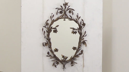 Mid Century Modern Vintage Gold Metal Oval Wall Mirror Flowers Roses 1950 Italy