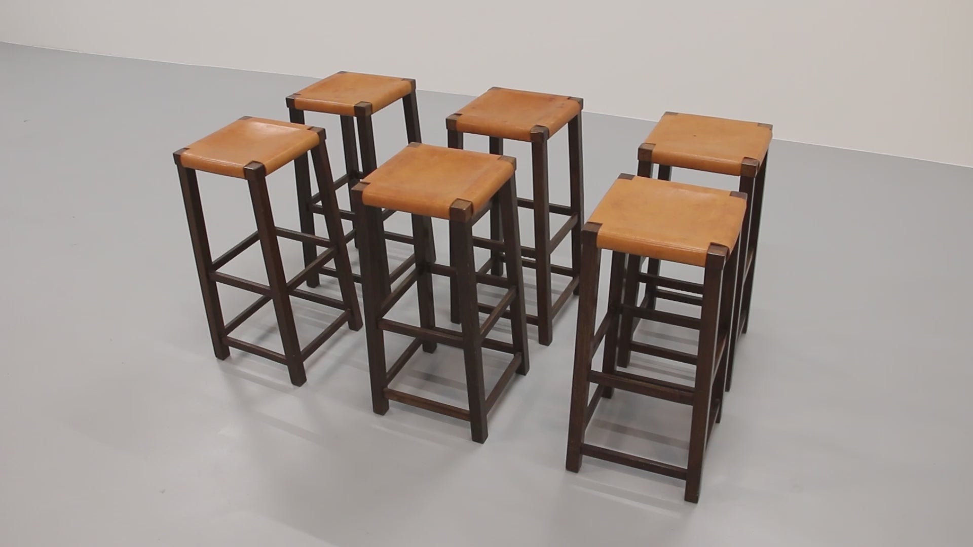 Set of 6 Mid Century Oak Bar Stools with Cognac Leather Seats