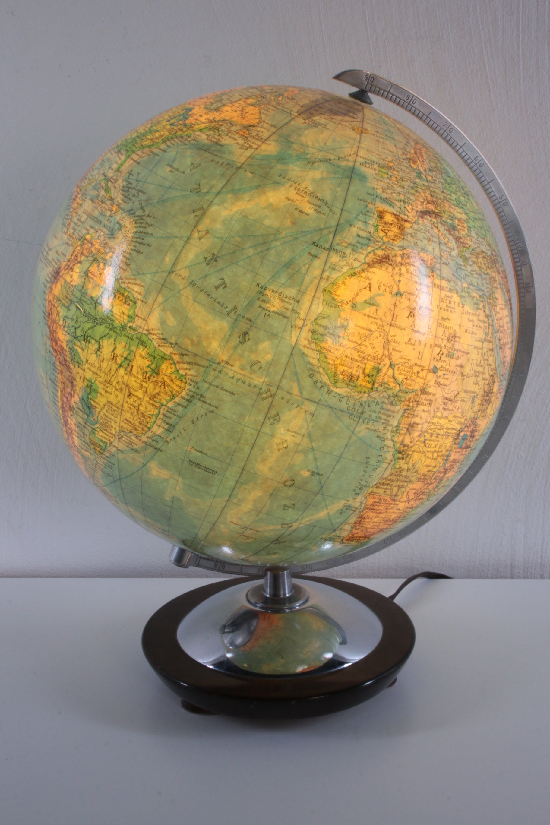 Midcentury glazen Globe met licht van Columbus DuoErdglobe, Duitsland licht aan