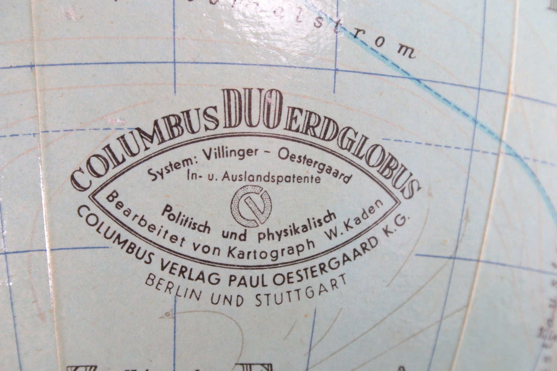 Midcentury glazen Globe met licht van Columbus DuoErdglobe, Duitsland detail logo maker