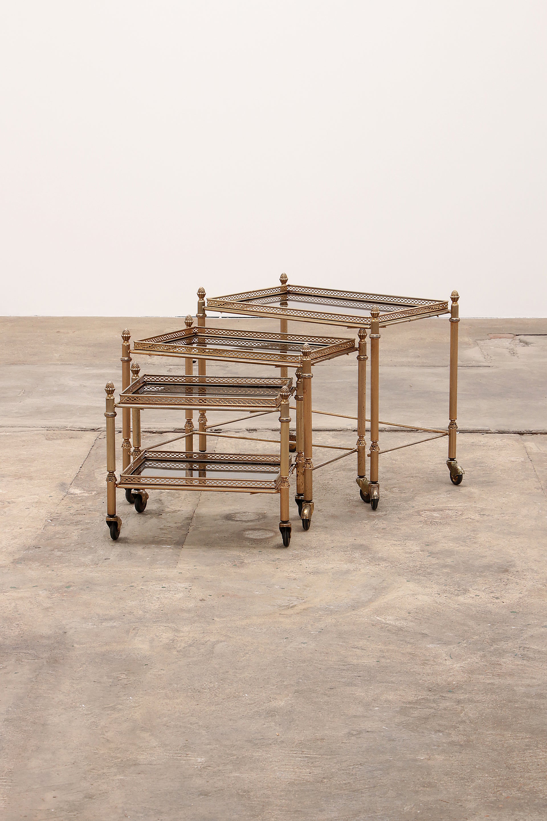 Maison Jansen Vintage Brass Trolley with Smoky Glass Tables