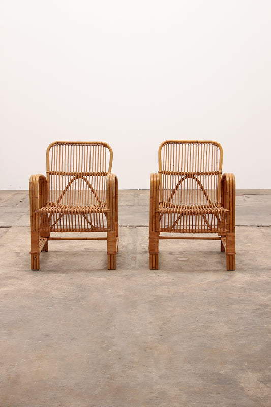 Franse Bohemian set van 2  Bamboe stoelen jaren60.