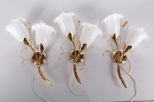 24 Ct gold plated Tulip glass wall lamps Italian Design 1970s