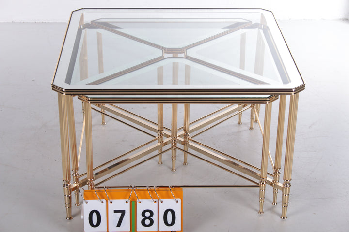 Hollywood Regency Italiaanse 5delige bijzettafels messing frames met gespiegelde bladen