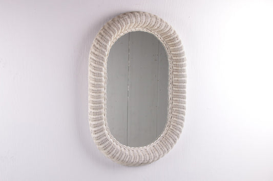 Vintage Bohemian style Oval rattan mirror white