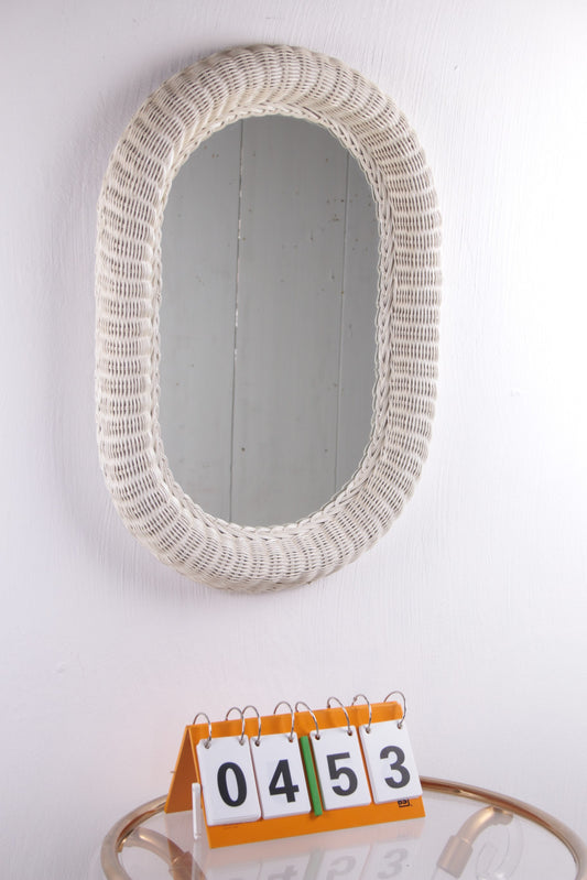 Vintage Bohemian style Oval rattan mirror white