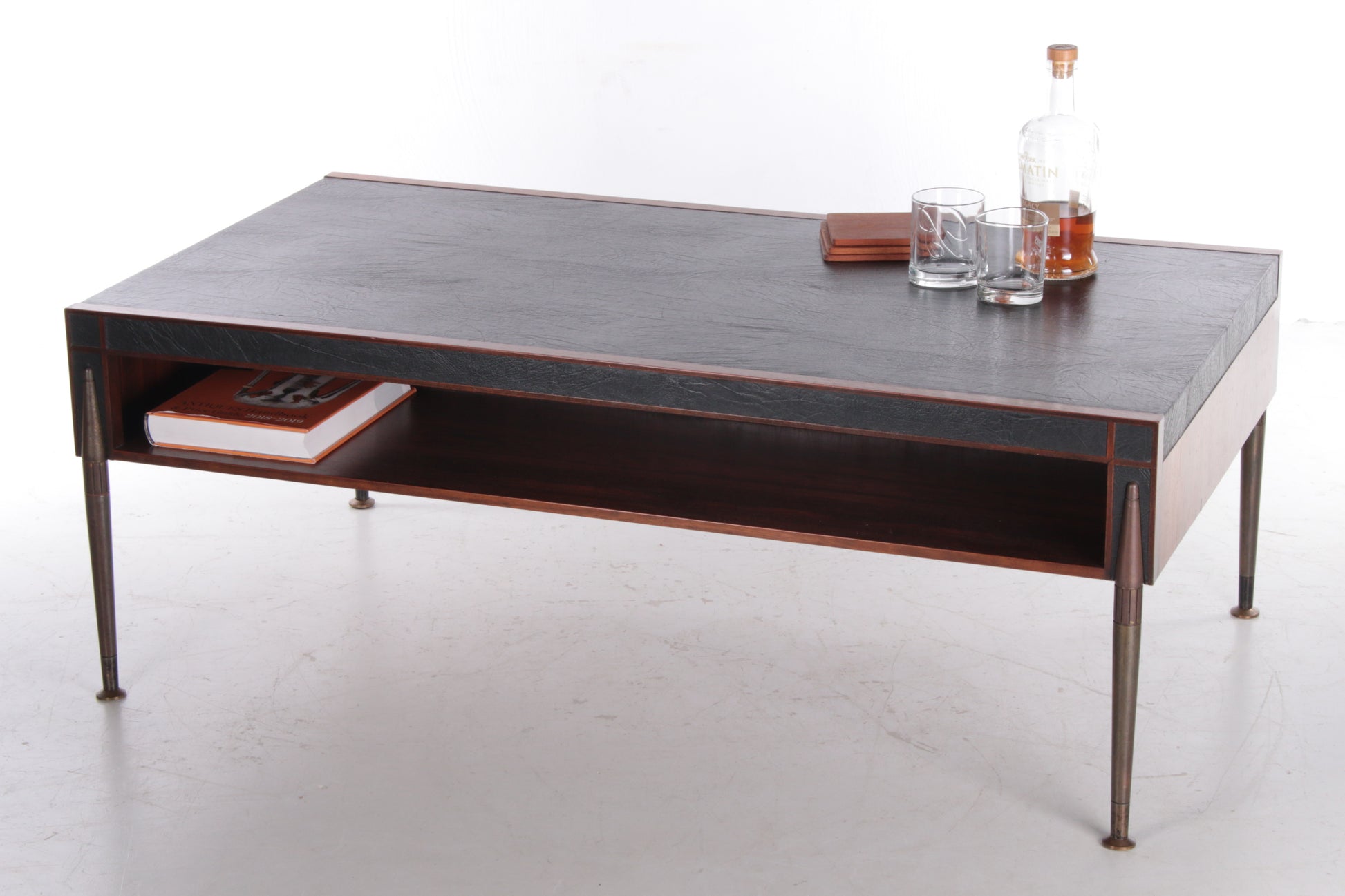 Mid-century Salontafel bekleed met leer en bronzen poten,1960