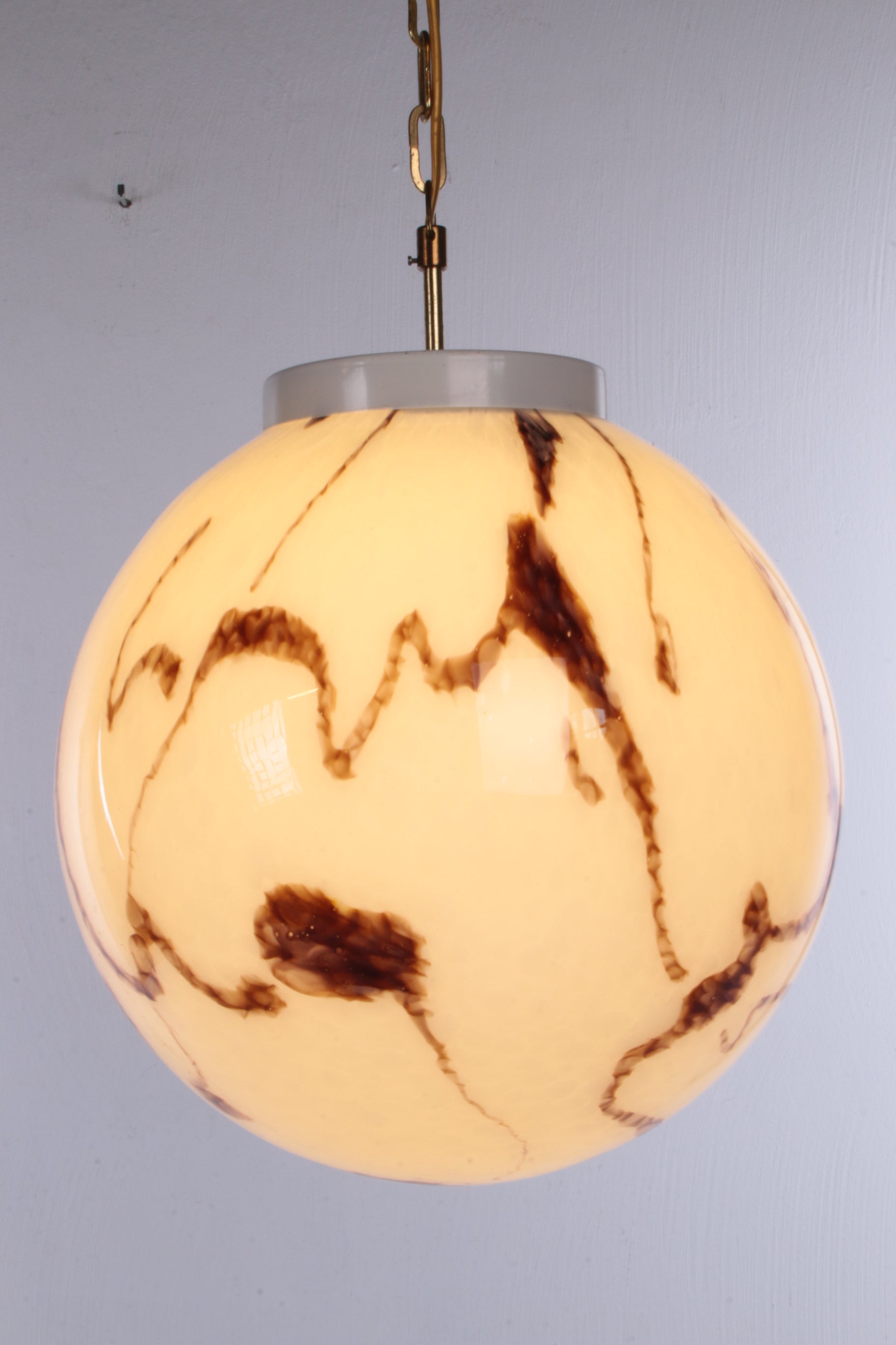 Vintage Hollywood Regency-Style Pendant Lamp with White Mottled Glass Globe