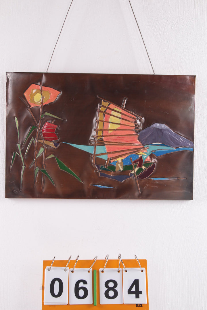Koperen Wanddecoratie met Emaille boten jaren60 voorkant