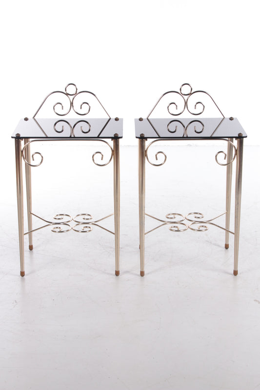 Vintage French set of stylish glass and brass bedside tables.