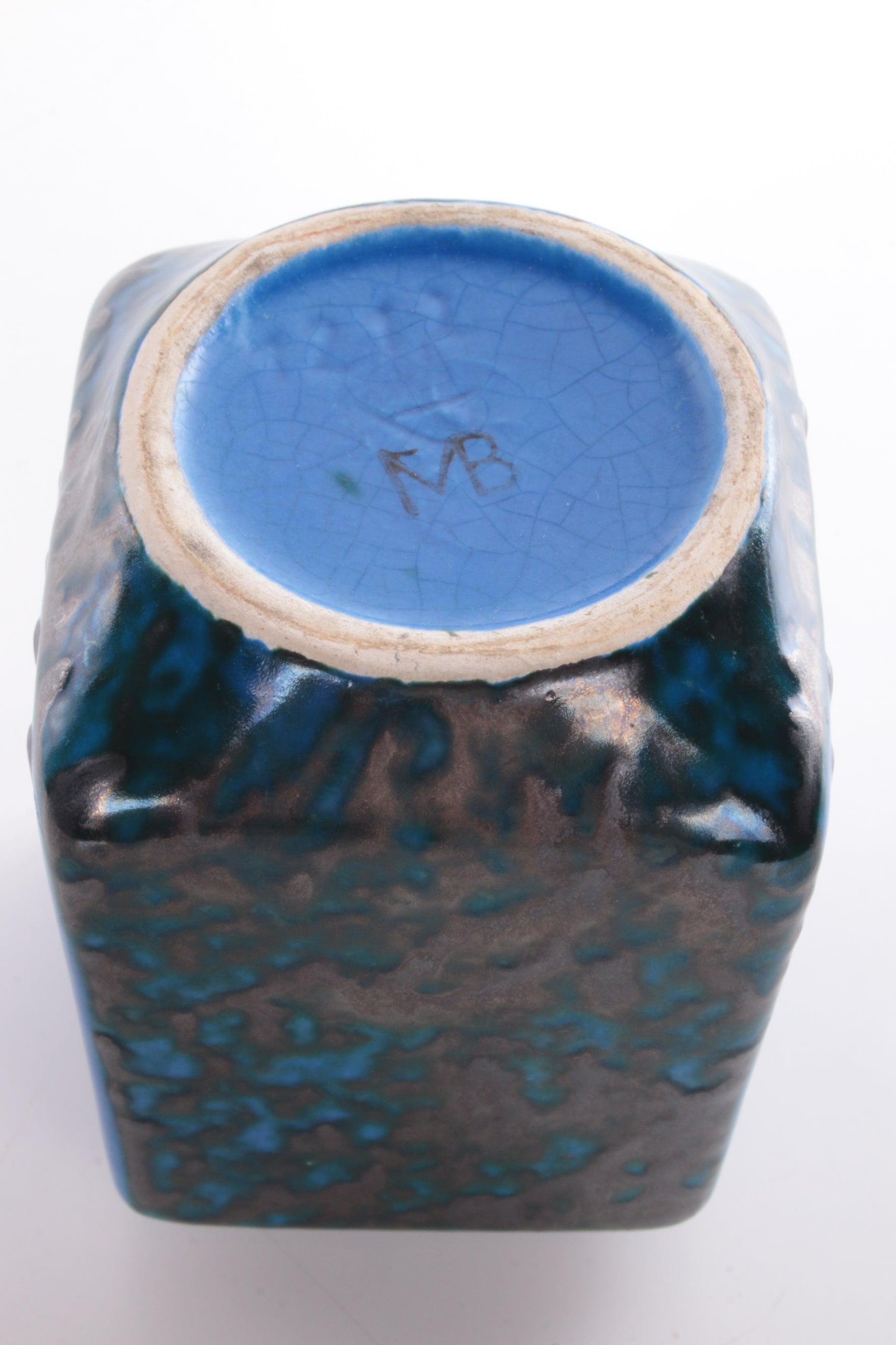 Blauw vierkant vaasje Strehla Keramik Duitsland 1970