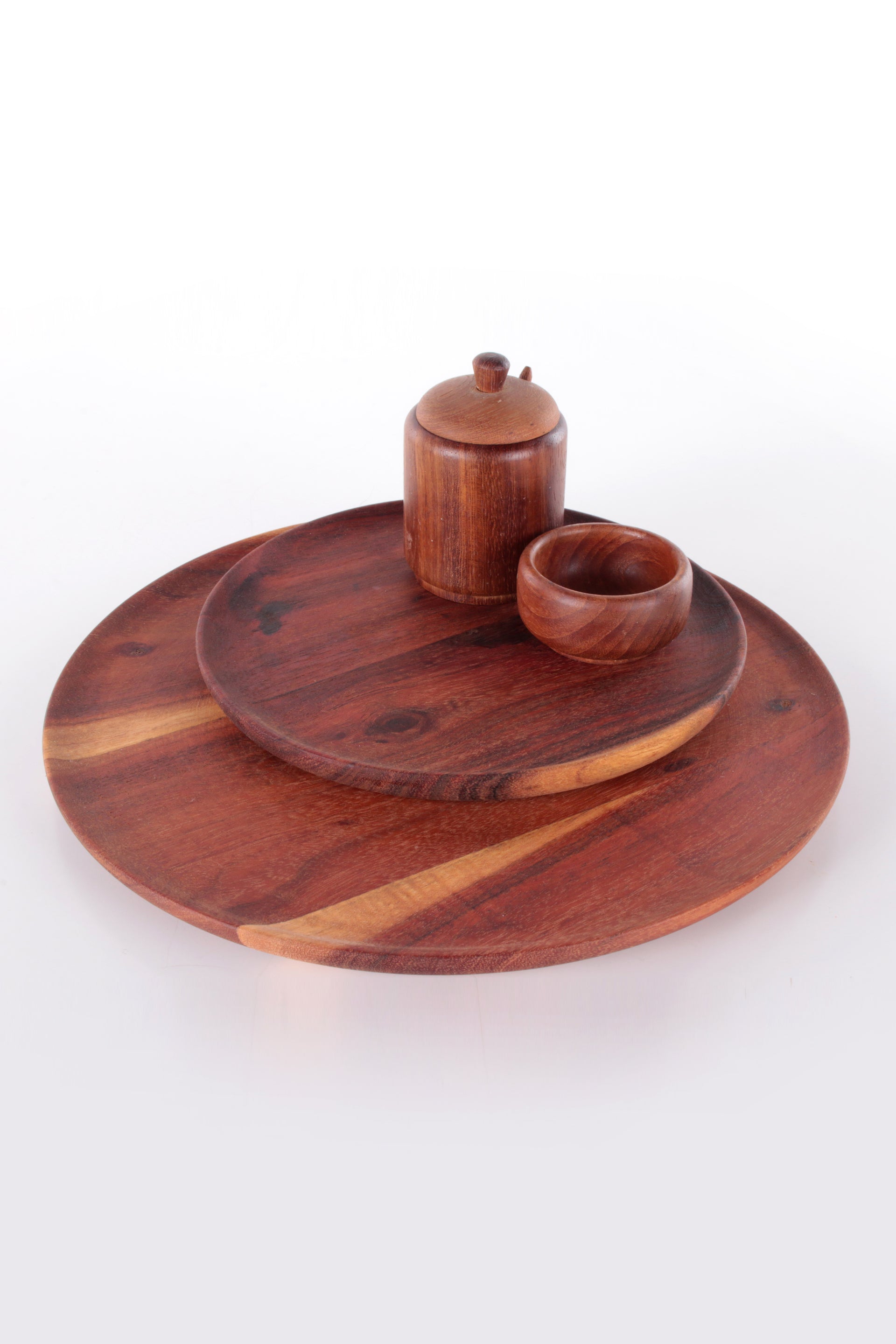 Vintage Teakhouten onderbord met zout- en peperstel en onderbord met lepel