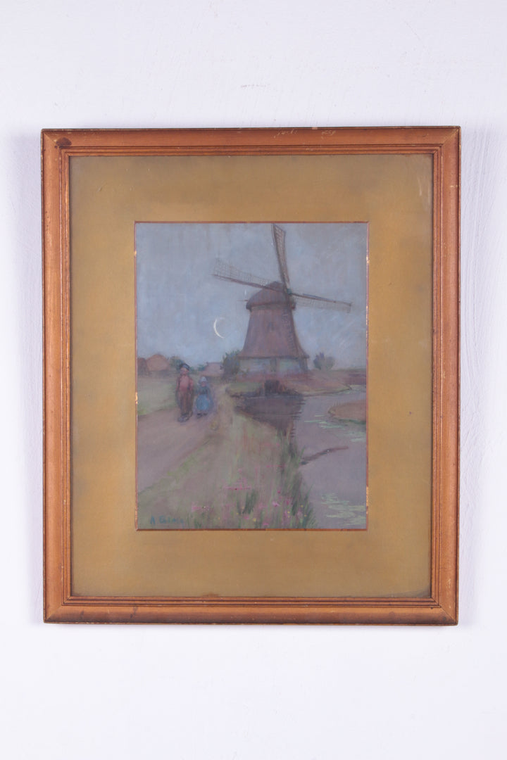 Mooi oud schilderij gemaakt van Wasco landschap met een molen,1923