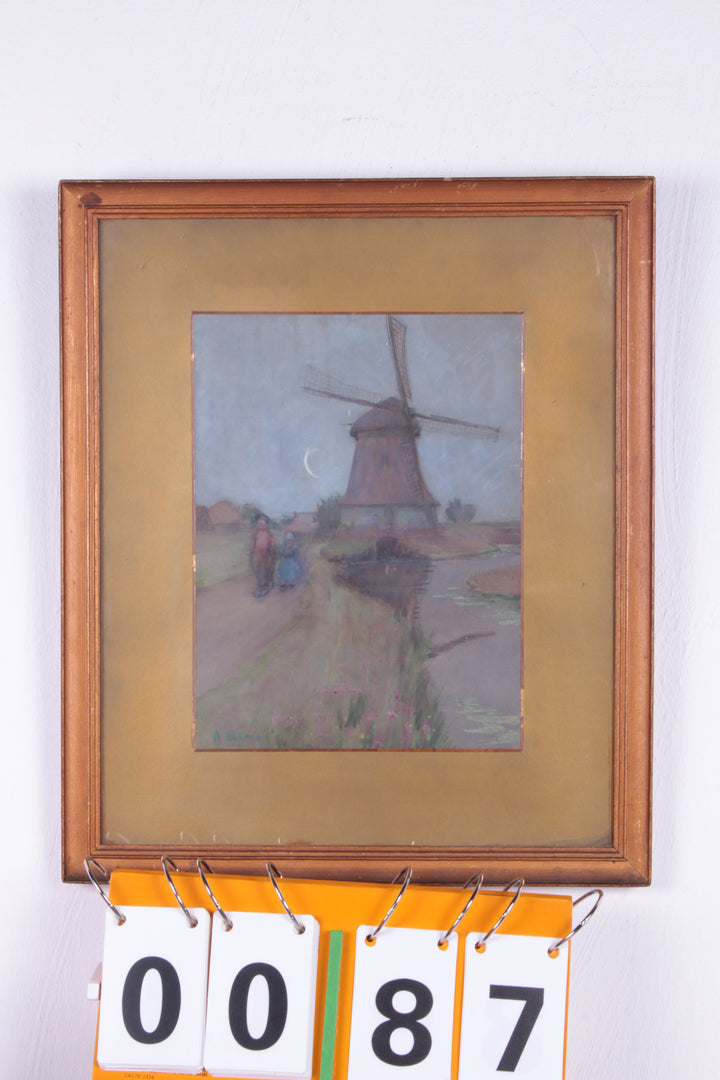 Mooi oud schilderij gemaakt van Wasco landschap met een molen,1923