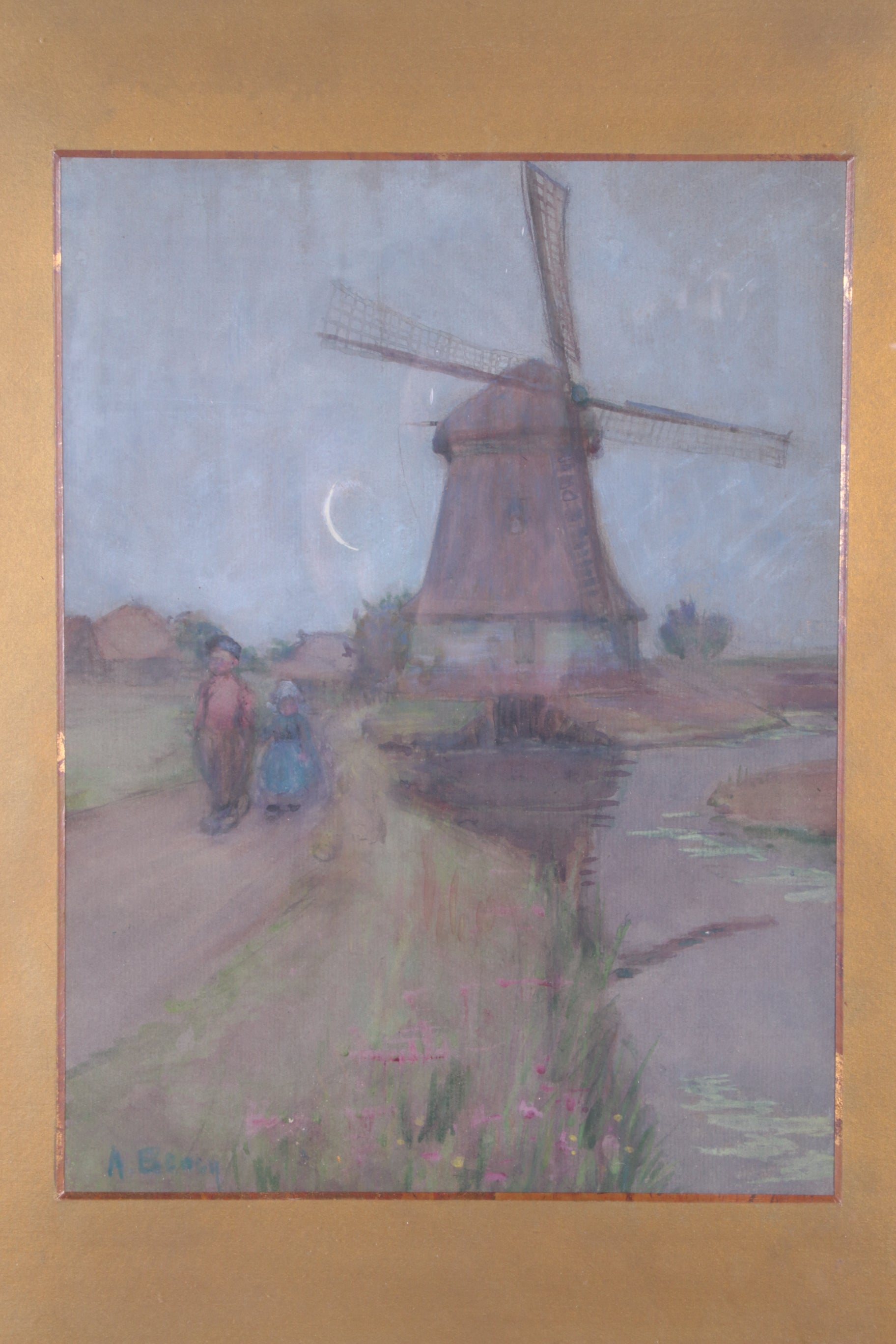Mooi oud schilderij gemaakt van Wasco landschap met een molen,1923