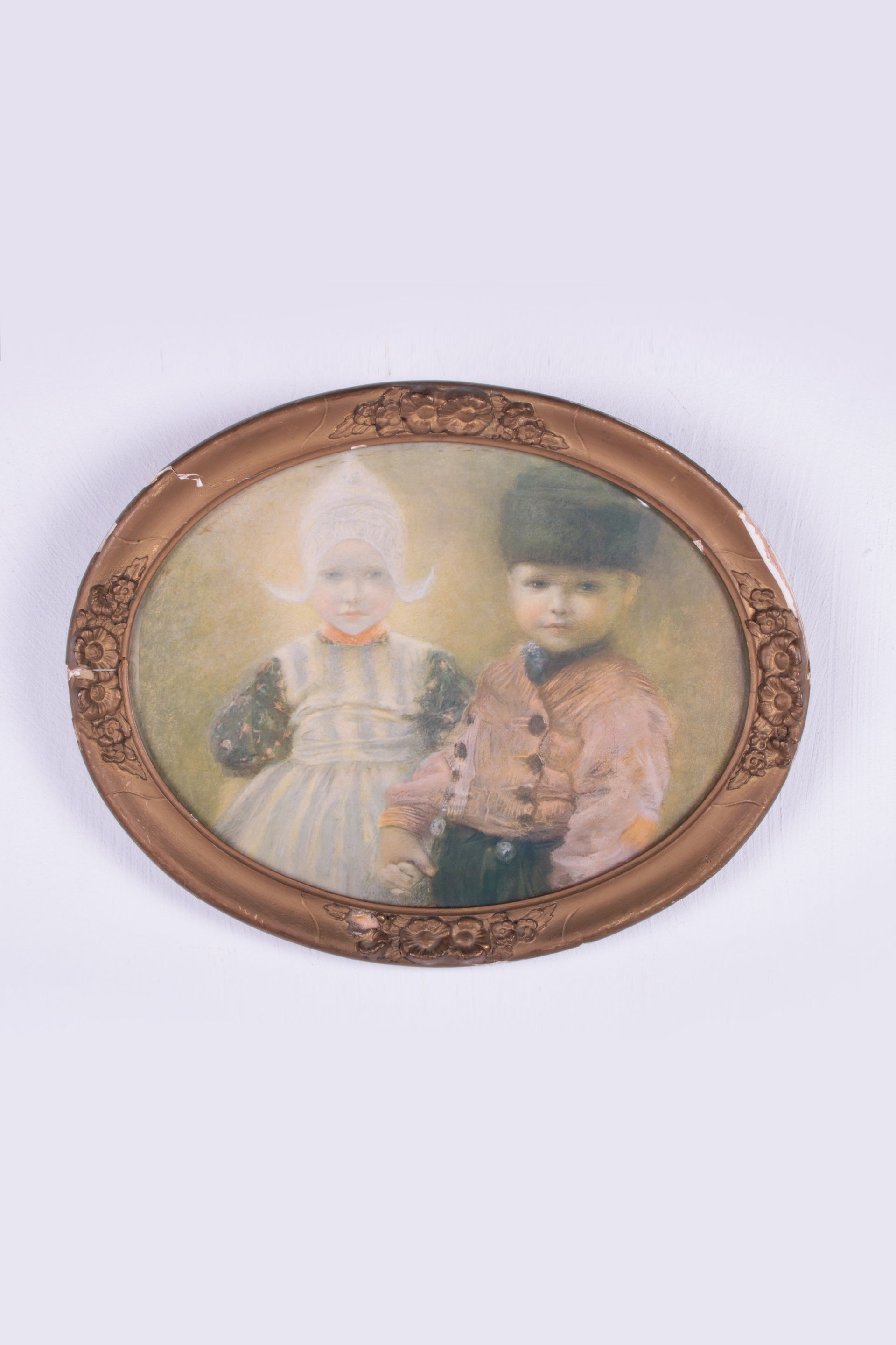 Brocante gold frame with pentecilling of Peasant Children, 1900