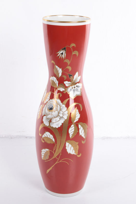 Grote Rode Porseleinen Vaas met Gouden Bloemen VEB Wallendorfer