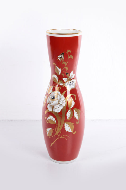 Large Red Porcelain Vase with Golden Flowers VEB Wallendorfer