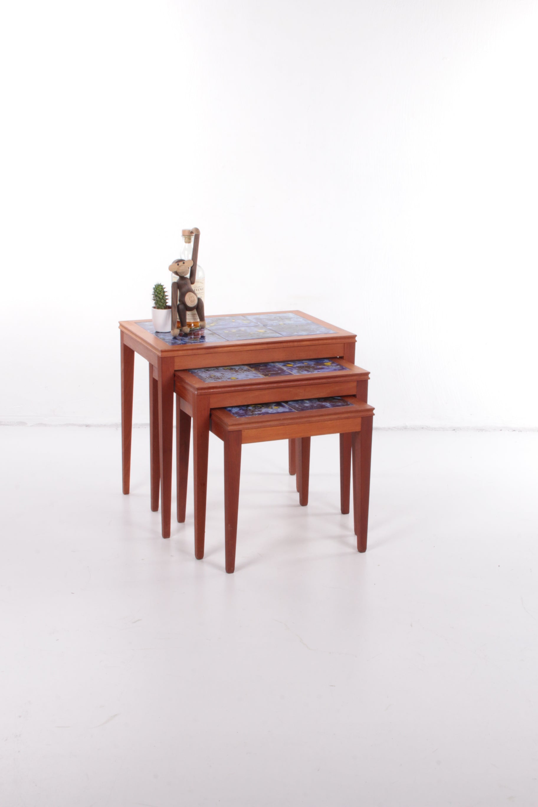 Vintage Danish Nesting Tables with Blue Ceramic Tiles