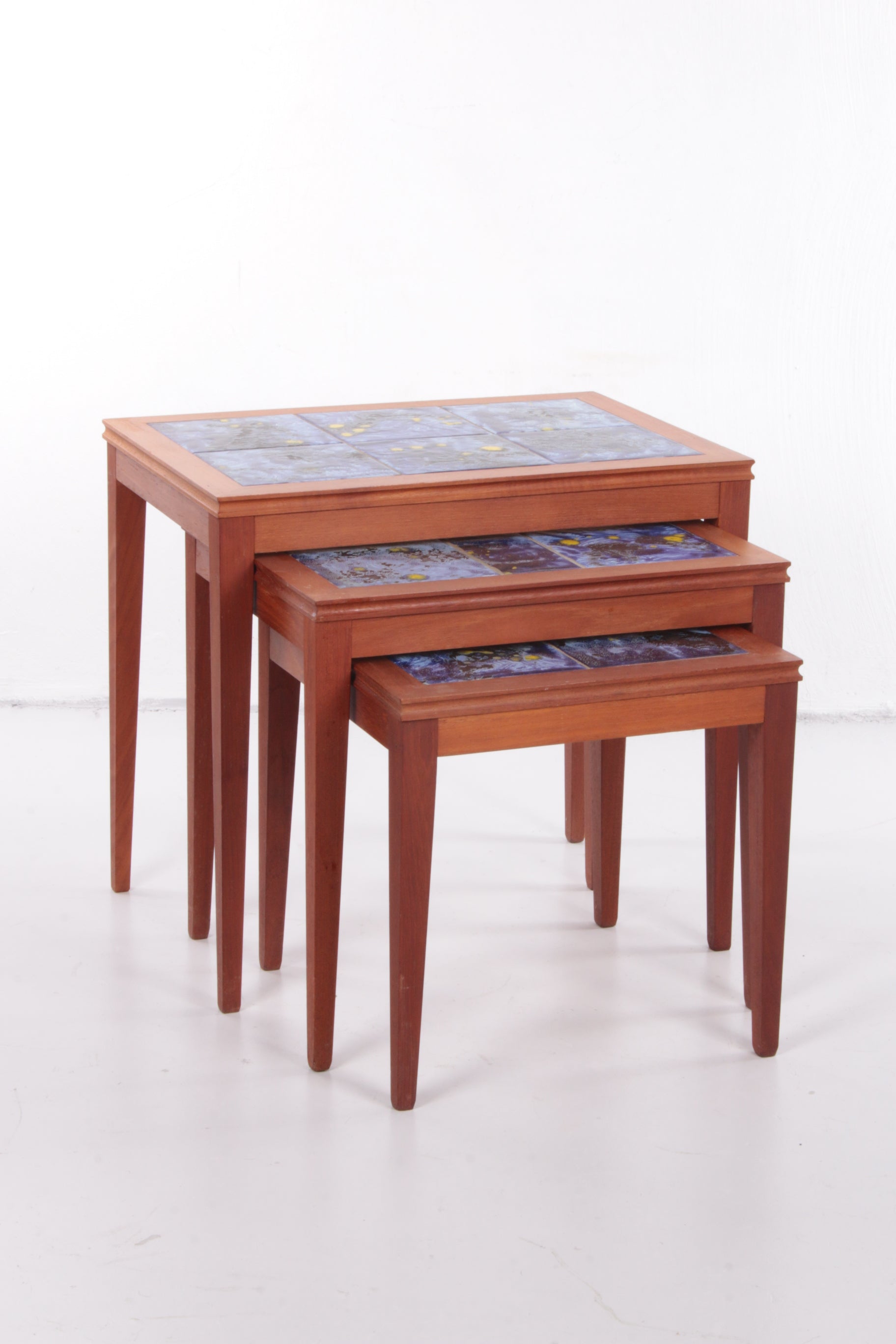 Vintage Danish Nesting Tables with Blue Ceramic Tiles