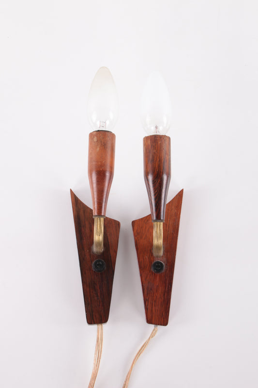 Vintage set van 2 wandlampjes gemaakt van Pallisander jaren60