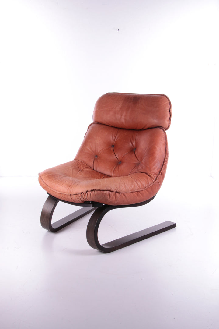 Vintage Braziliaanse Fauteuil met Gognackleur leren zitkussen,70s.