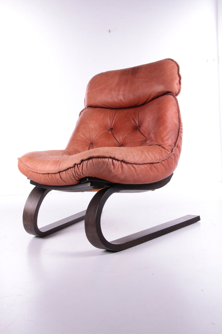 Vintage Braziliaanse Fauteuil met Gognackleur leren zitkussen,70s.
