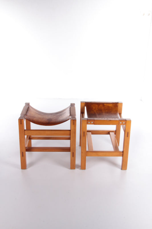Maison Regian set of 2 stools elm wood with leather,1970
