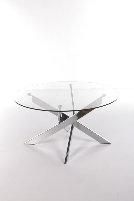 Vintage chrome salontafel met mooie X poot en ronde glasplaat,1980