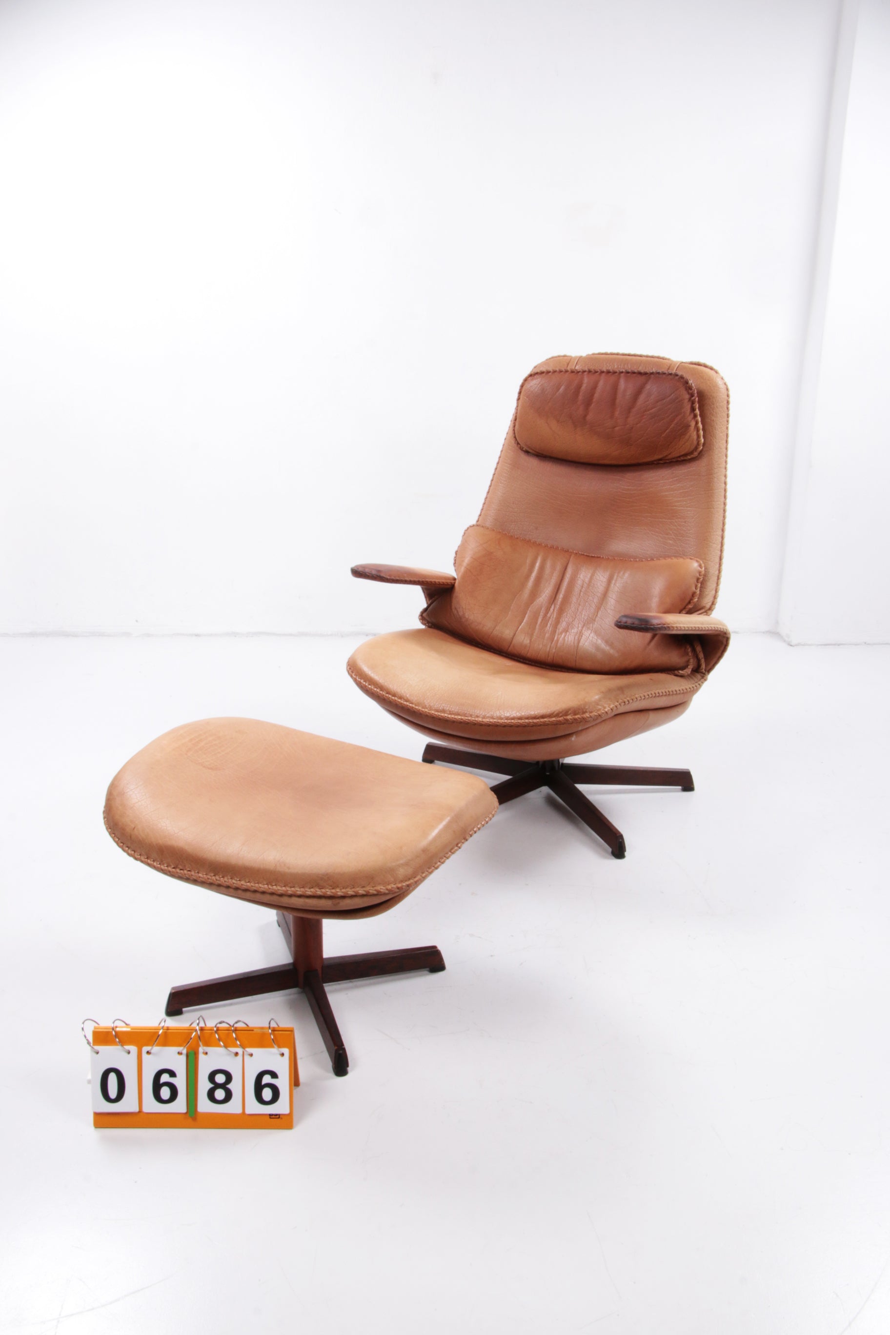 Deense Buffel leren verstelbare fauteuil & poef set van M&S Mobler, 1960s Denemarken.