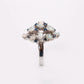 Zilveren ring met opalen en blauwe stras steentjes.
