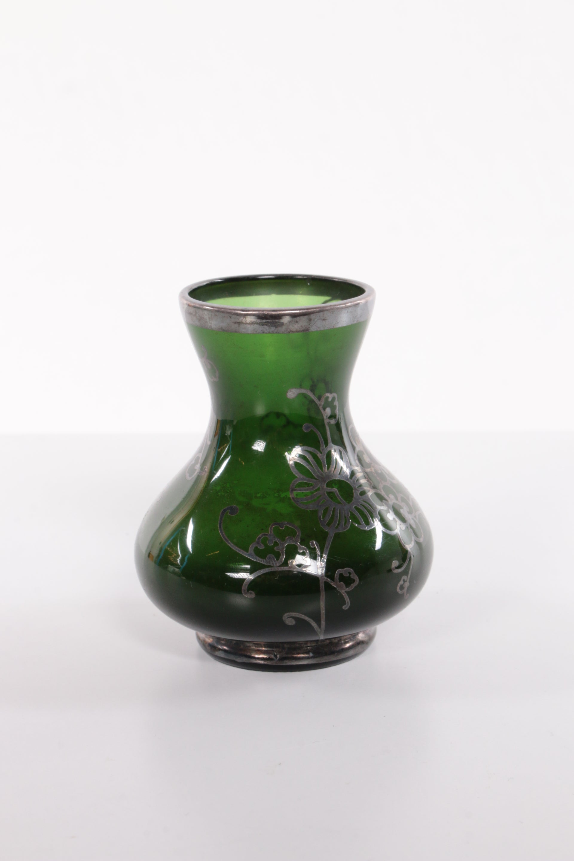French Green Vase with Silver Floral Design, 1940