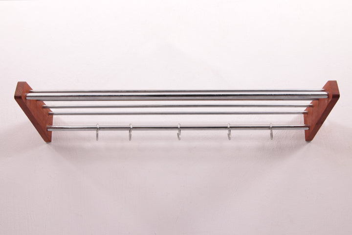 Deens Design Teakhouten Wand kapstok met chrome haken,60s.