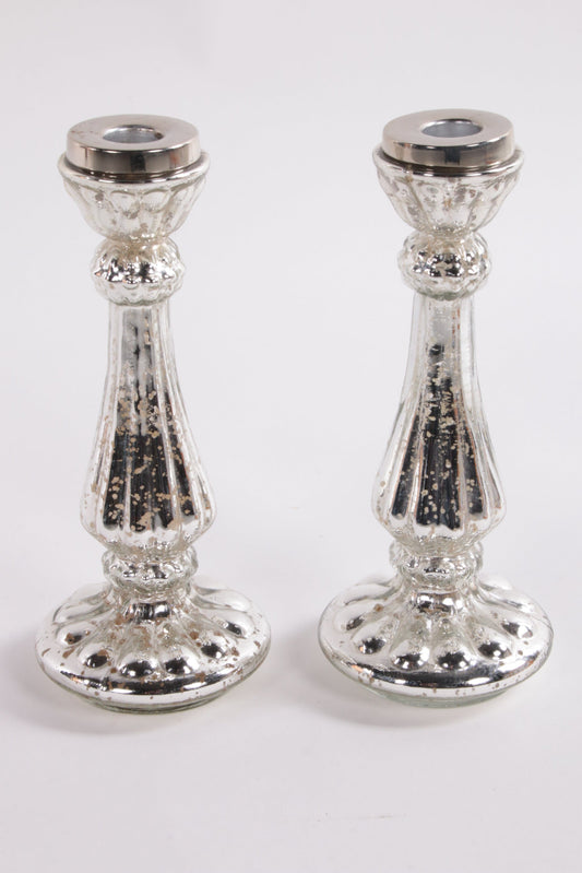Set of 2 silver glass candlesticks.