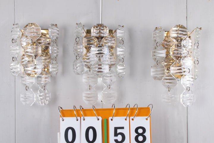 Kristallen Wandlampen set van 3 gemaakt door J.T.Kalmer jaren60