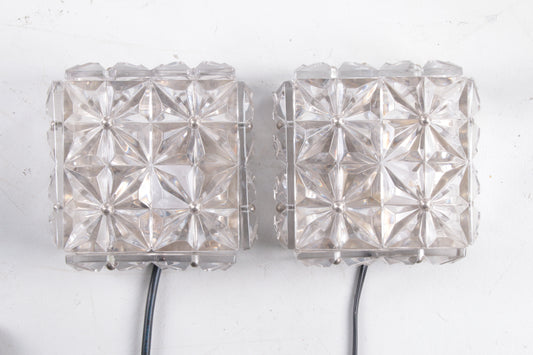 Paar chroom & kristalglazen wandlampen van Kinkeldey, jaren 70 voorkant