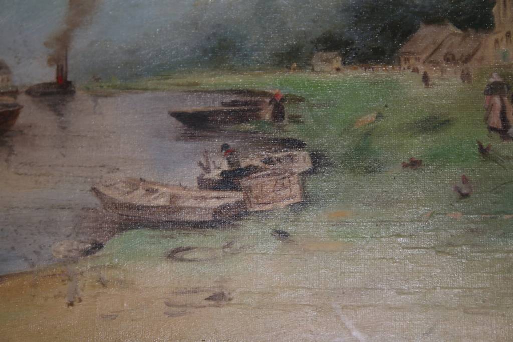 Engels schilderij 1913 diverse technieken detail persoon bij bootjes