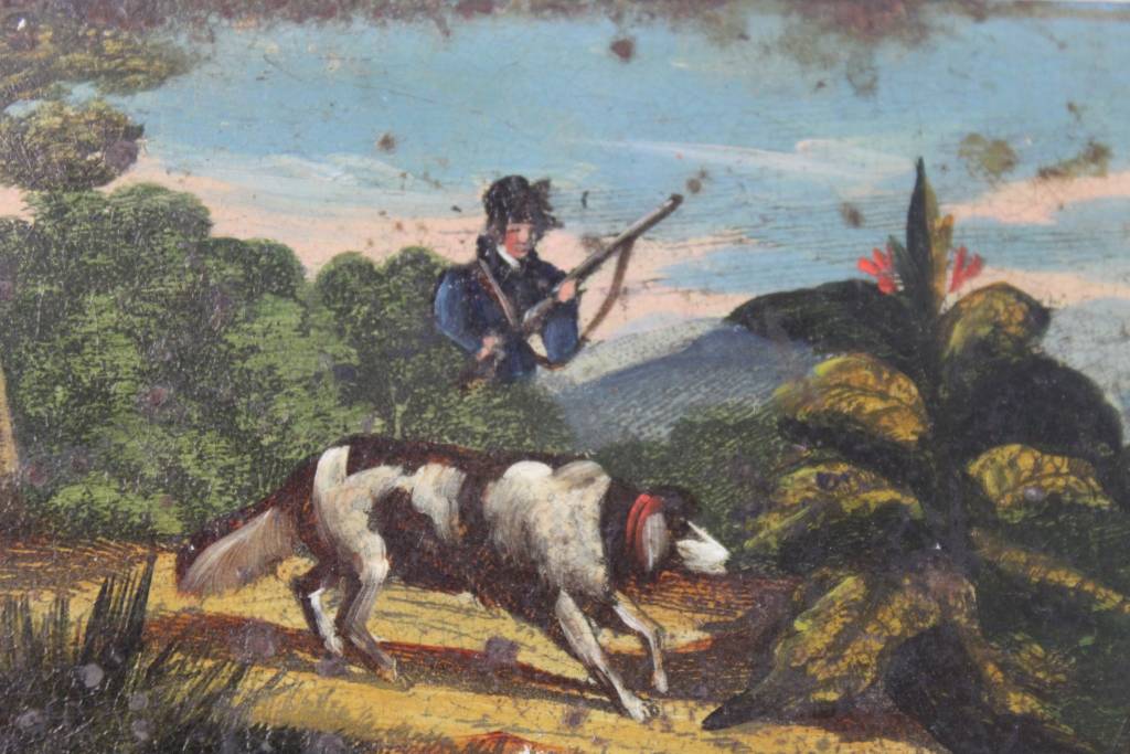 Antieke tabaksdoos beschilderd detail mens met hond