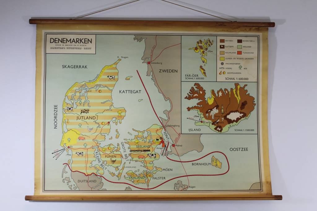 Vintage Schoolkaart van Denemarken 84,5 x 115 voorkant