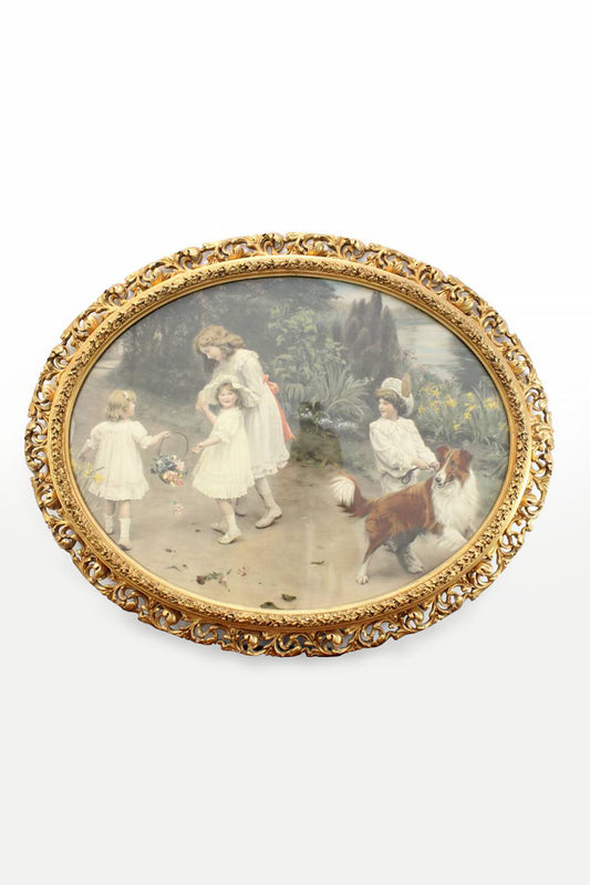 Antique painting 'Love at the first sight' Oval wooden frame